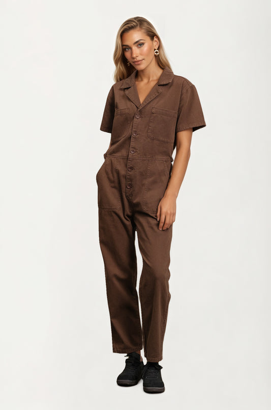 Short Sleeve Utility Jumpsuit with Button Front