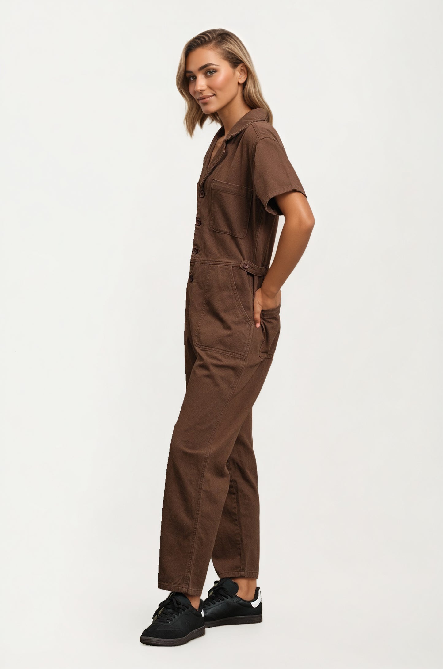 Short Sleeve Utility Jumpsuit with Button Front