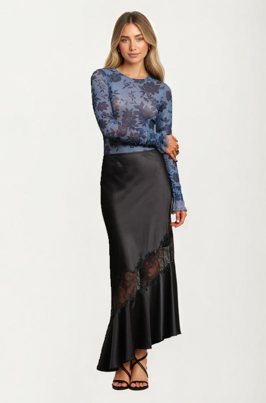 Satin Midi Skirt with Asymmetric Lace Detail