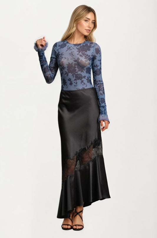 Satin Midi Skirt with Asymmetric Lace Detail