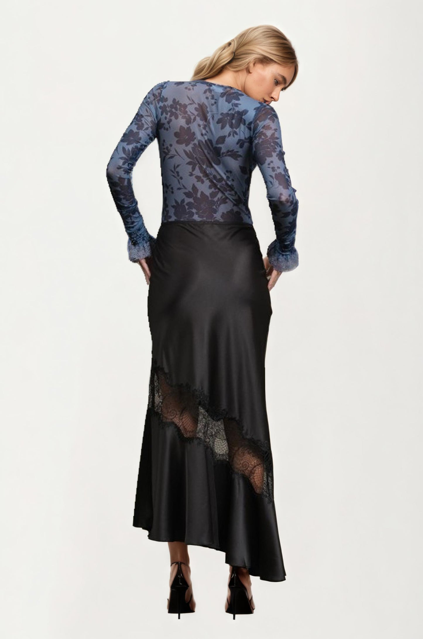Satin Midi Skirt with Asymmetric Lace Detail