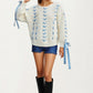 Ivory Crochet Sweater with Blue Ribbon Tie Sleeve Details