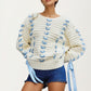 Ivory Crochet Sweater with Blue Ribbon Tie Sleeve Details