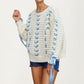 Ivory Crochet Sweater with Blue Ribbon Tie Sleeve Details