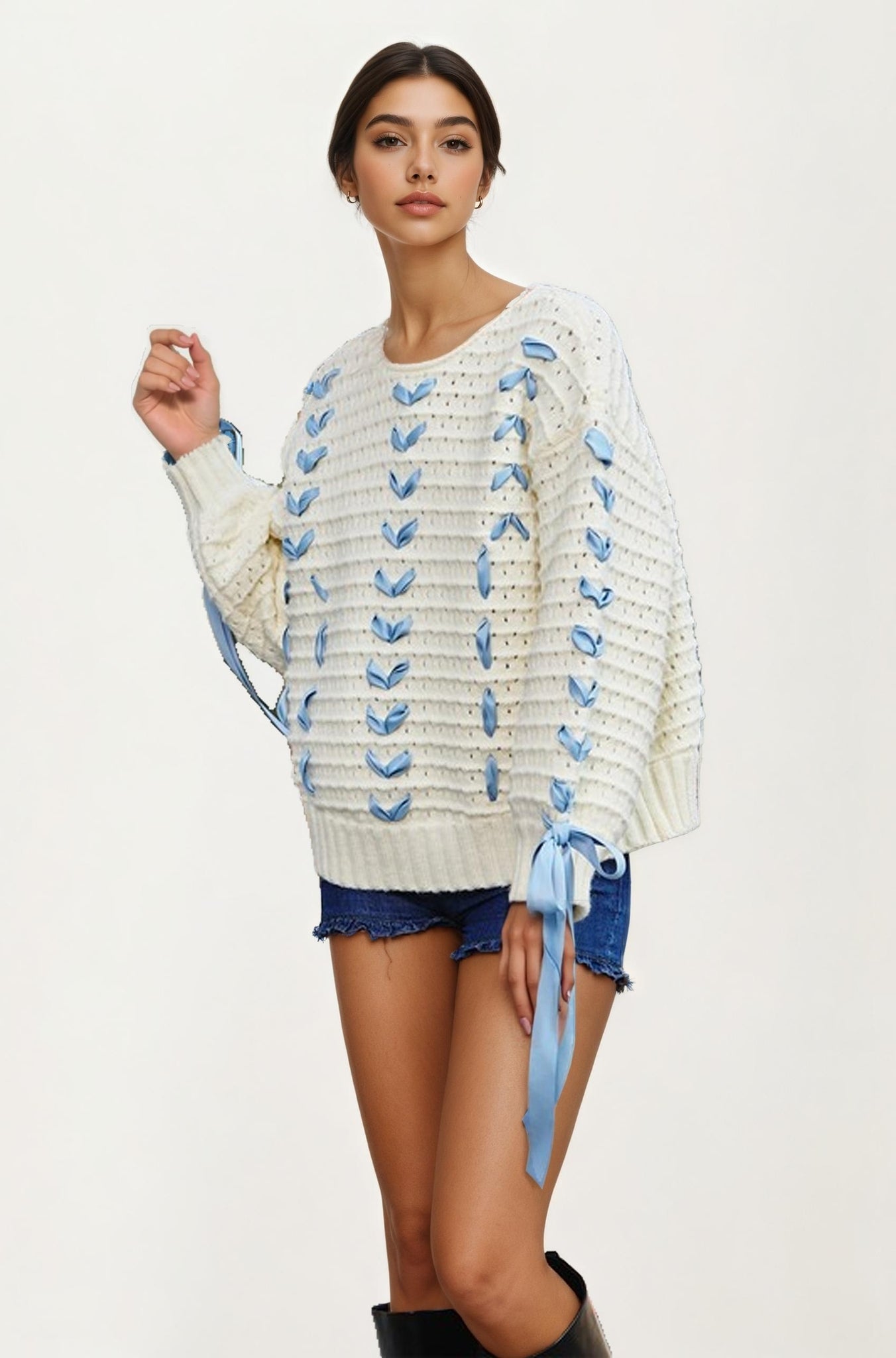 Ivory Crochet Sweater with Blue Ribbon Tie Sleeve Details