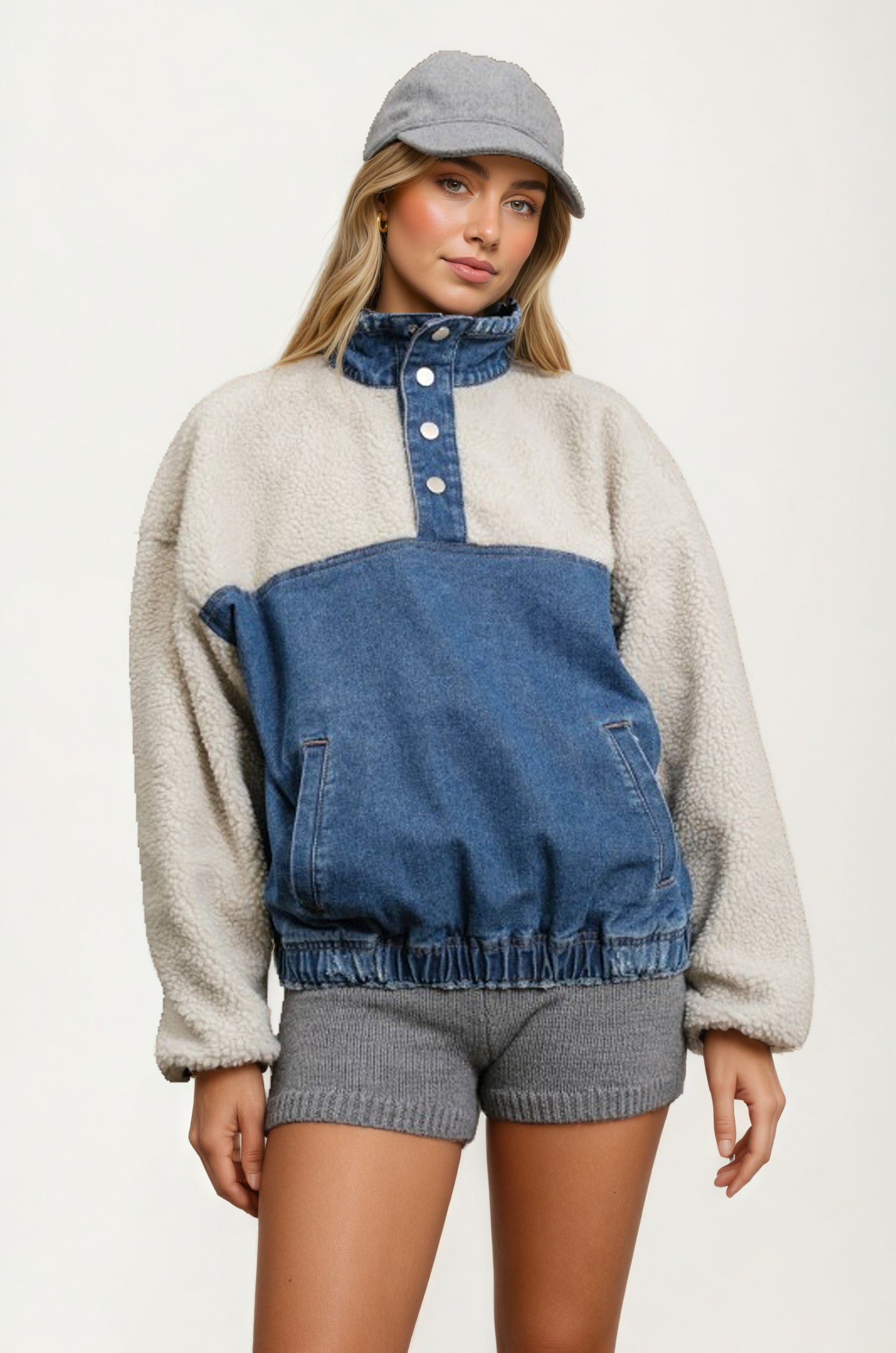Denim and Sherpa Half-Zip Pullover with Kangaroo Pocket