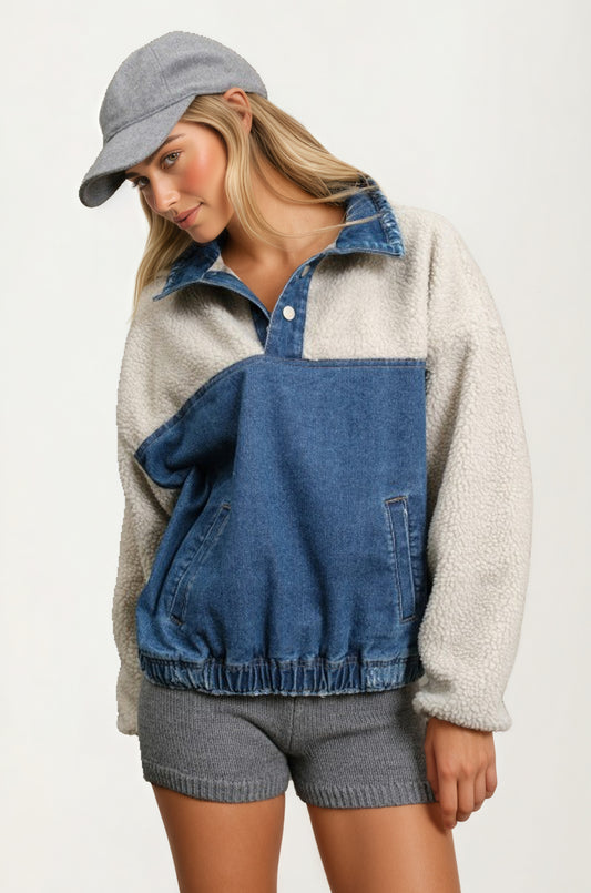 Denim and Sherpa Half-Zip Pullover with Kangaroo Pocket