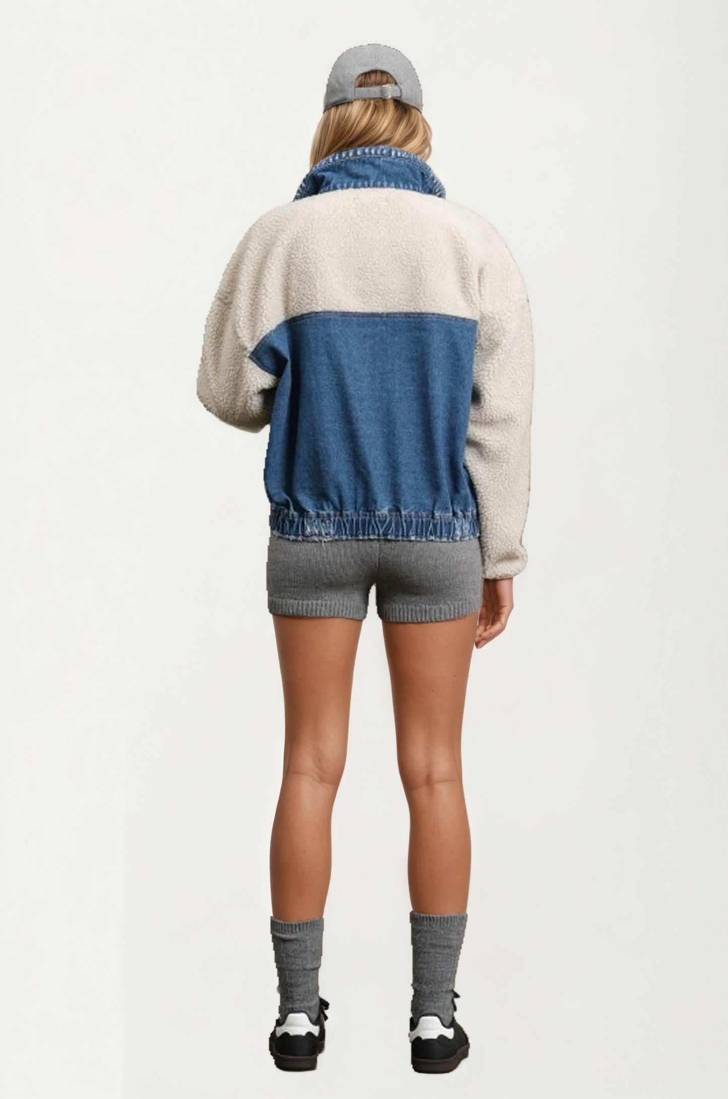 Denim and Sherpa Half-Zip Pullover with Kangaroo Pocket