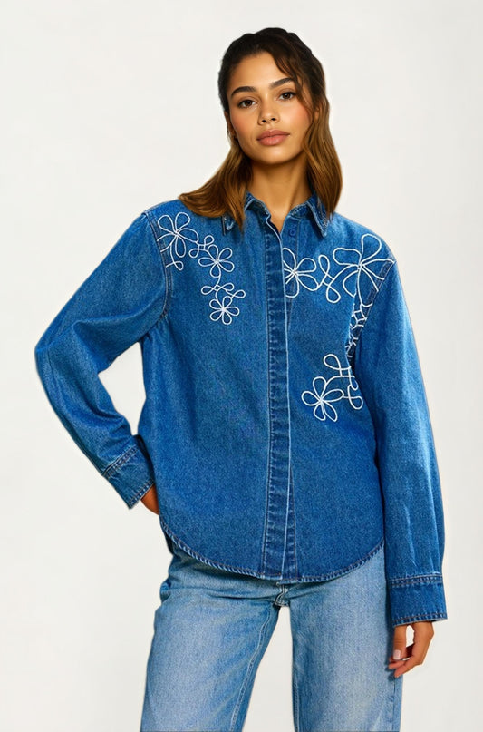 Oversized Denim Shirt with White Floral Embroidery
