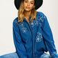 Oversized Denim Shirt with White Floral Embroidery