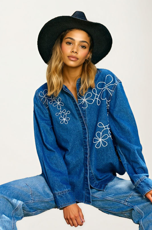 Oversized Denim Shirt with White Floral Embroidery