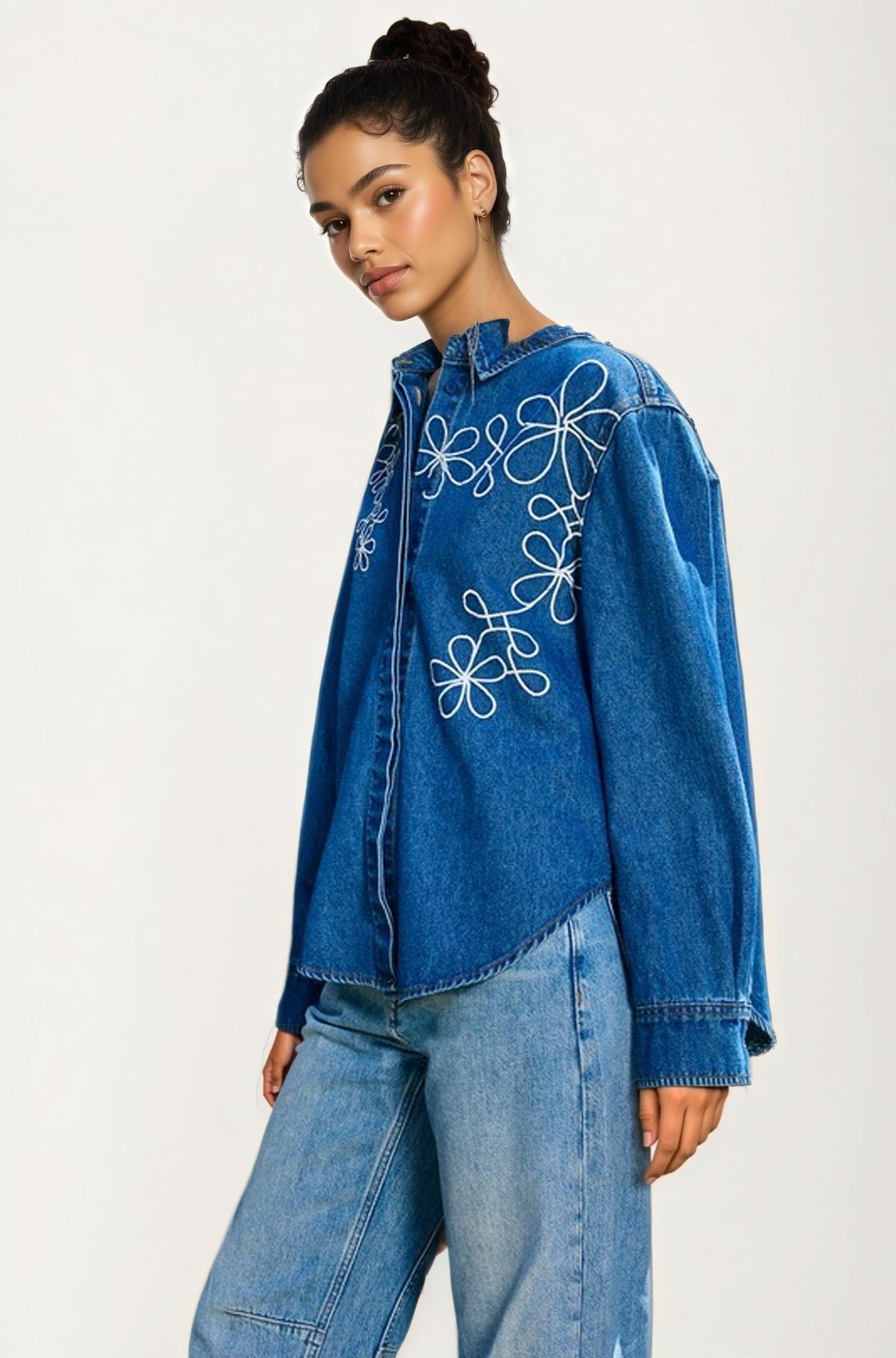 Oversized Denim Shirt with White Floral Embroidery