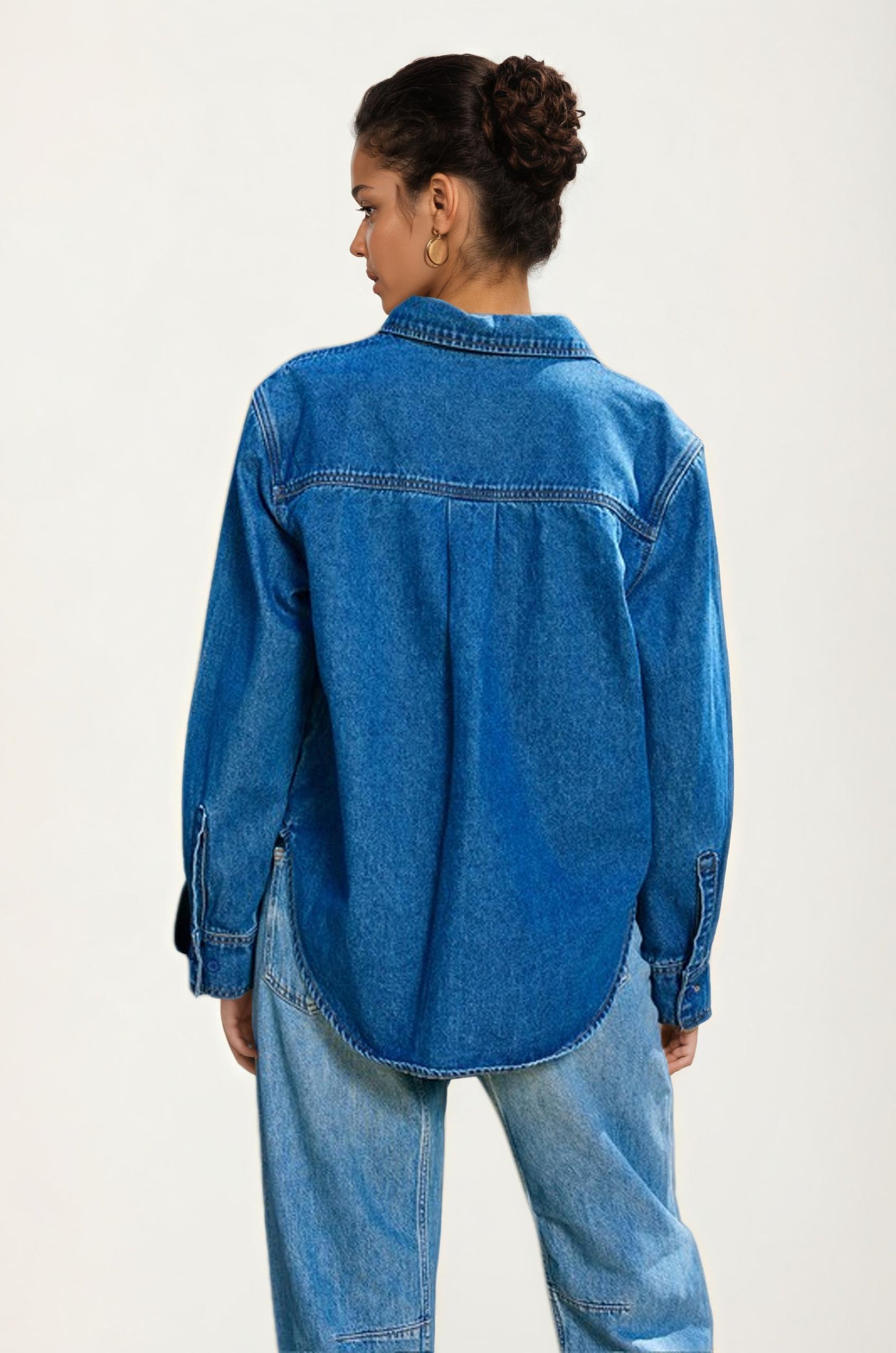 Oversized Denim Shirt with White Floral Embroidery