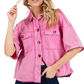 Utility Shirt Jacket Short Sleeves Button Front Boxy Fit Pink Acid Wash