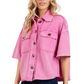 Utility Shirt Jacket Short Sleeves Button Front Boxy Fit Pink Acid Wash