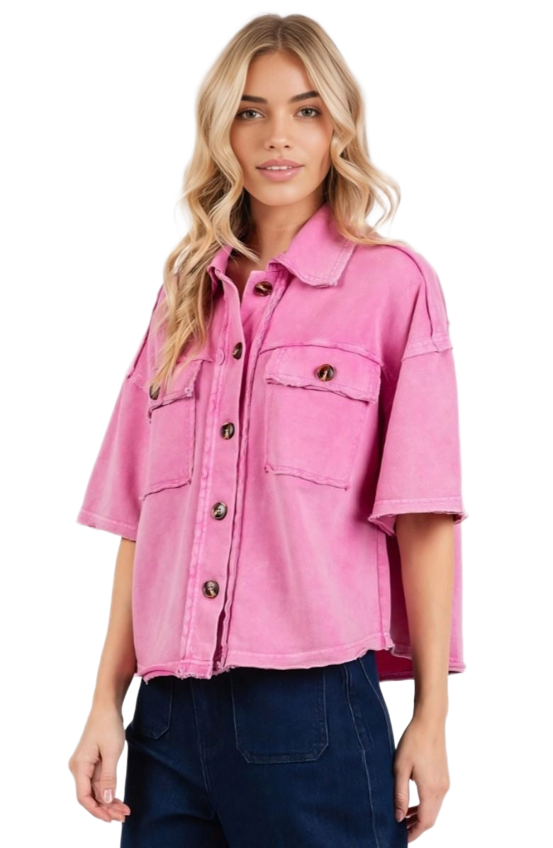 Utility Shirt Jacket Short Sleeves Button Front Boxy Fit Pink Acid Wash