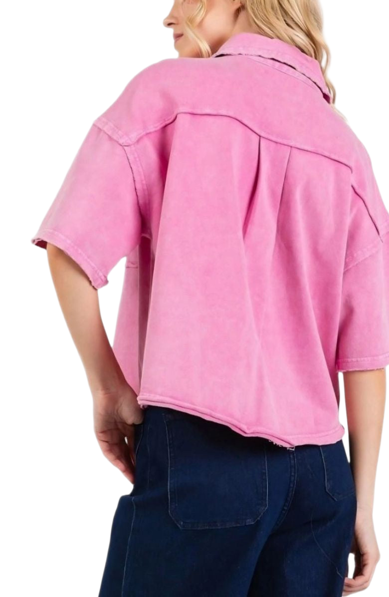 Utility Shirt Jacket Short Sleeves Button Front Boxy Fit Pink Acid Wash