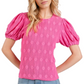 Embroidered Puff Sleeve Top Crinkled Texture Round Neck Short Sleeve Pink