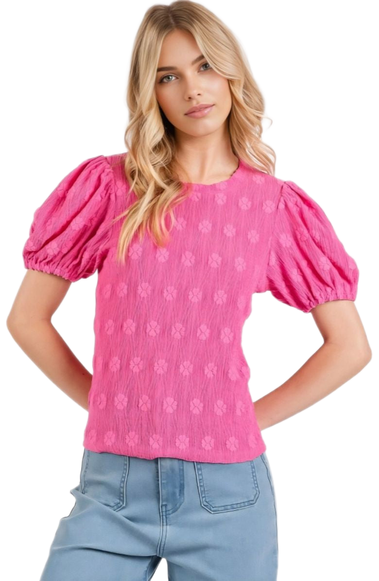 Embroidered Puff Sleeve Top Crinkled Texture Round Neck Short Sleeve Pink