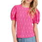 Embroidered Puff Sleeve Top Crinkled Texture Round Neck Short Sleeve Pink