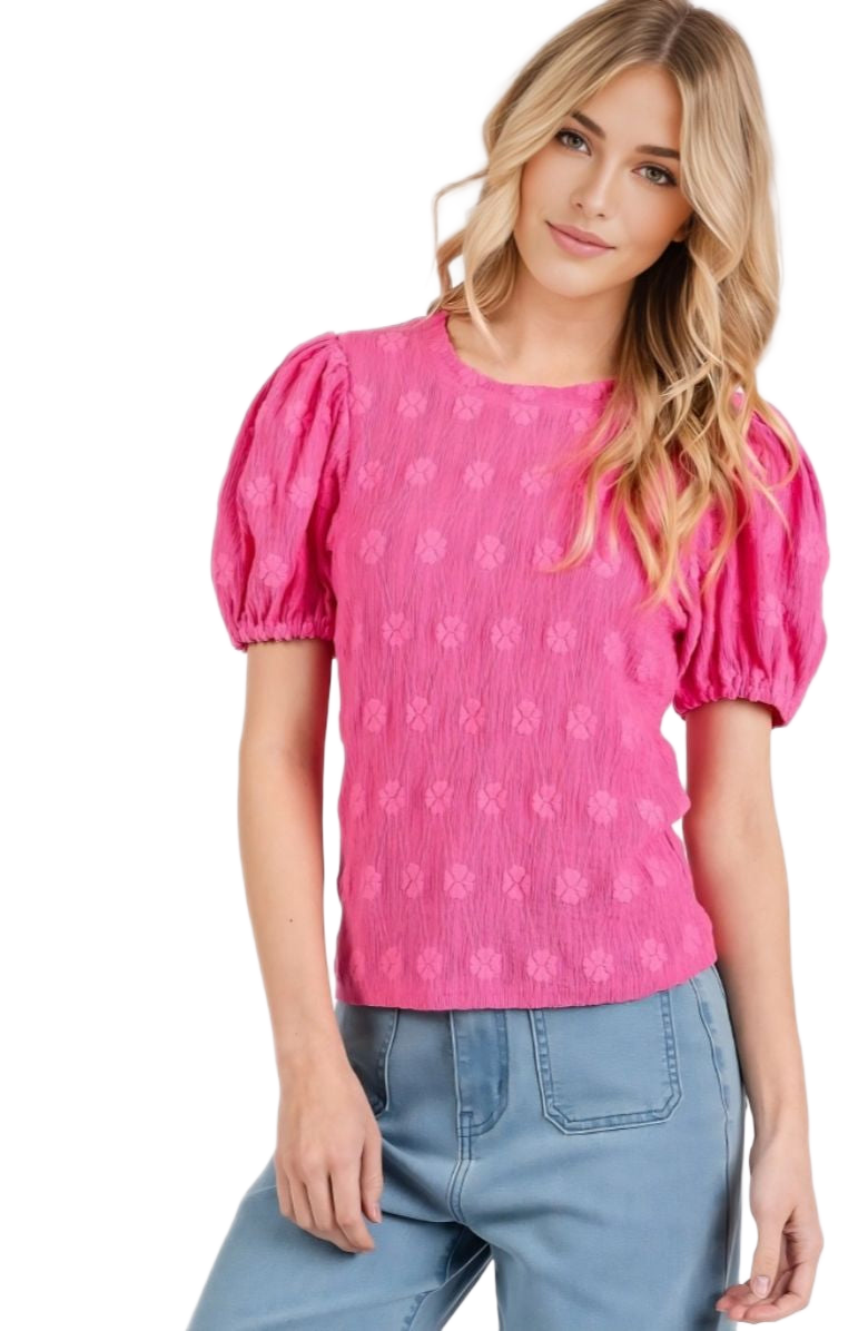 Embroidered Puff Sleeve Top Crinkled Texture Round Neck Short Sleeve Pink