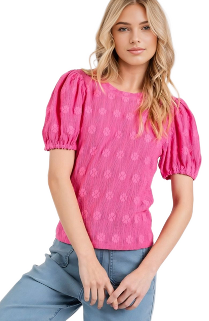 Embroidered Puff Sleeve Top Crinkled Texture Round Neck Short Sleeve Pink