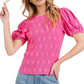 Embroidered Puff Sleeve Top Crinkled Texture Round Neck Short Sleeve Pink