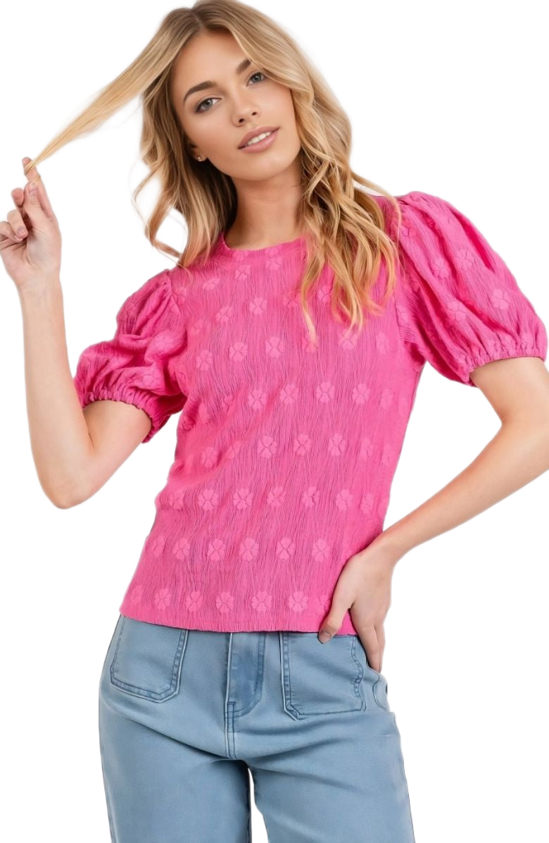 Embroidered Puff Sleeve Top Crinkled Texture Round Neck Short Sleeve Pink