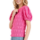 Embroidered Puff Sleeve Top Crinkled Texture Round Neck Short Sleeve Pink