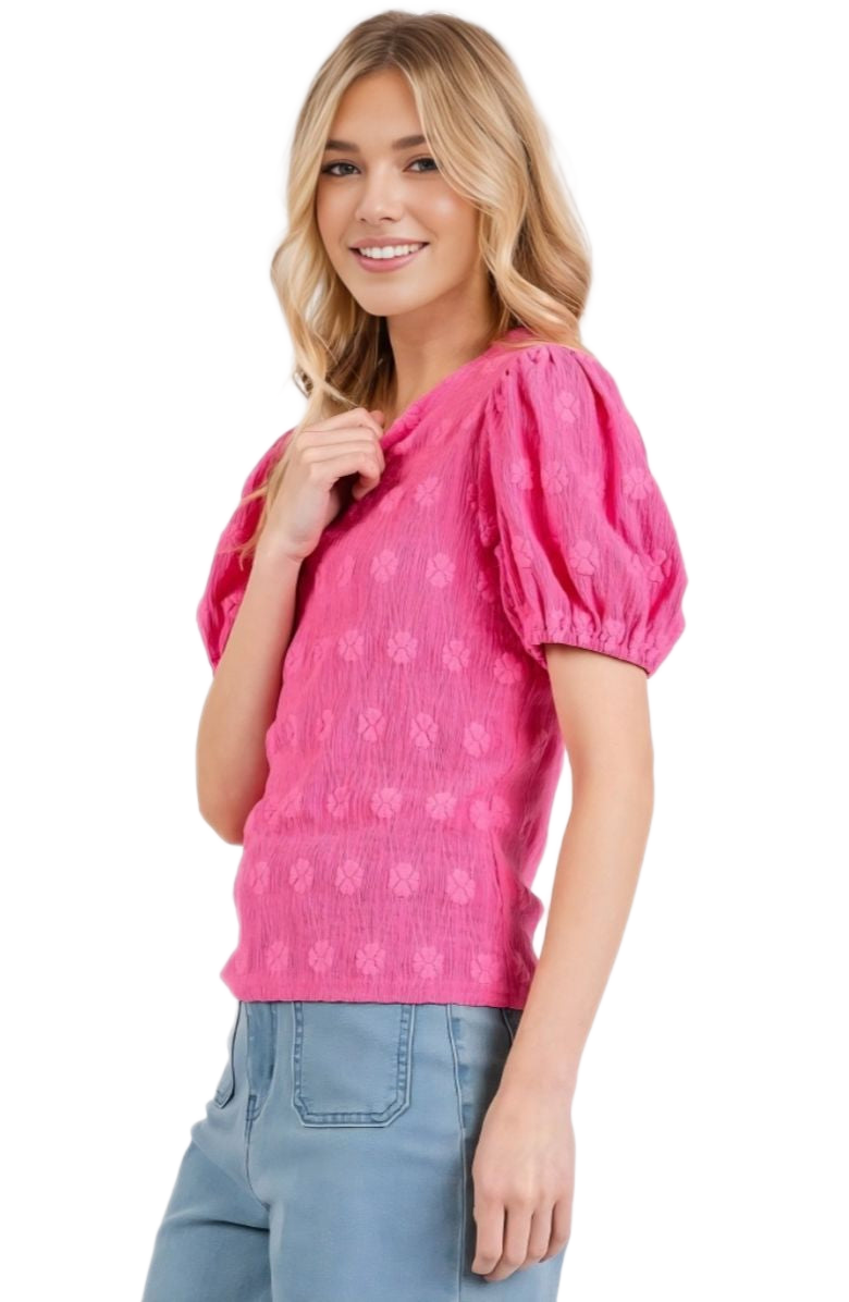 Embroidered Puff Sleeve Top Crinkled Texture Round Neck Short Sleeve Pink