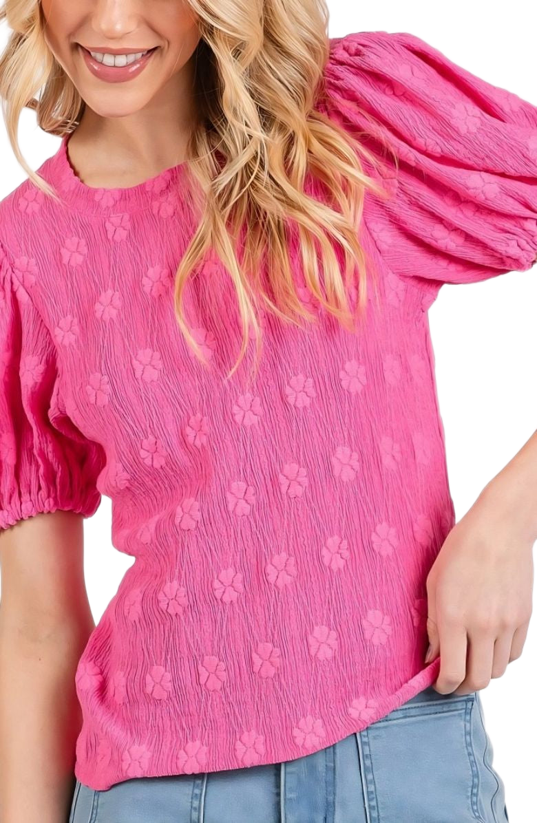 Embroidered Puff Sleeve Top Crinkled Texture Round Neck Short Sleeve Pink