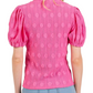 Embroidered Puff Sleeve Top Crinkled Texture Round Neck Short Sleeve Pink