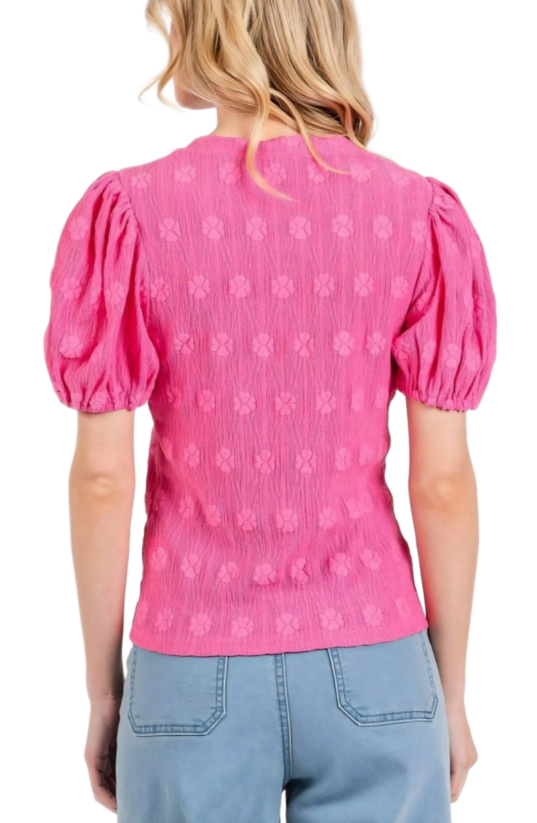 Embroidered Puff Sleeve Top Crinkled Texture Round Neck Short Sleeve Pink