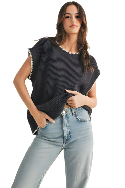 Ribbed Cap Sleeve Top With Contrast Whipstitch Trim