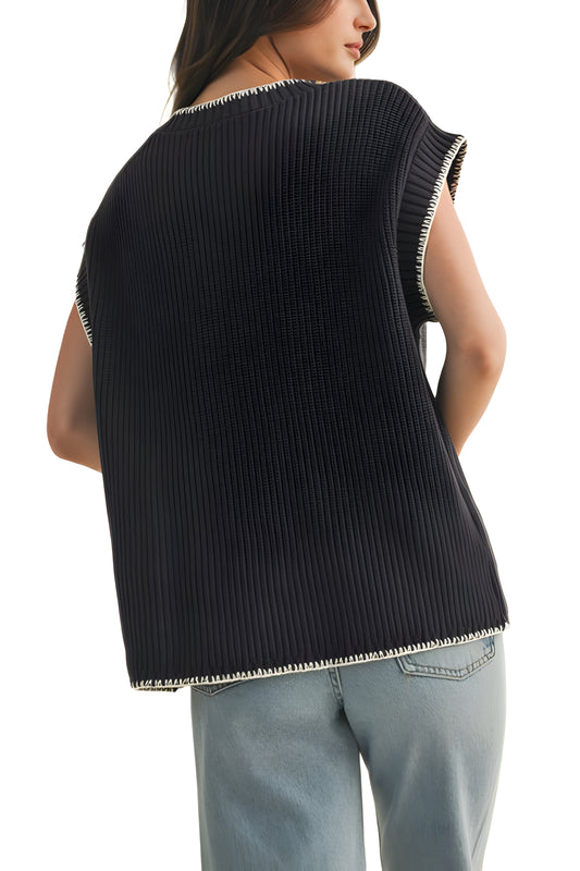 Ribbed Cap Sleeve Top With Contrast Whipstitch Trim