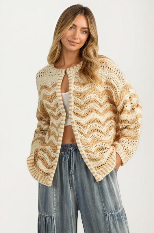 Textured Open Knit Cardigan With Pockets In Neutral Tones
