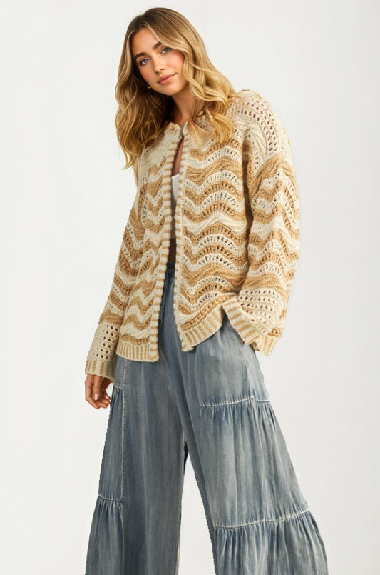 Textured Open Knit Cardigan With Pockets In Neutral Tones