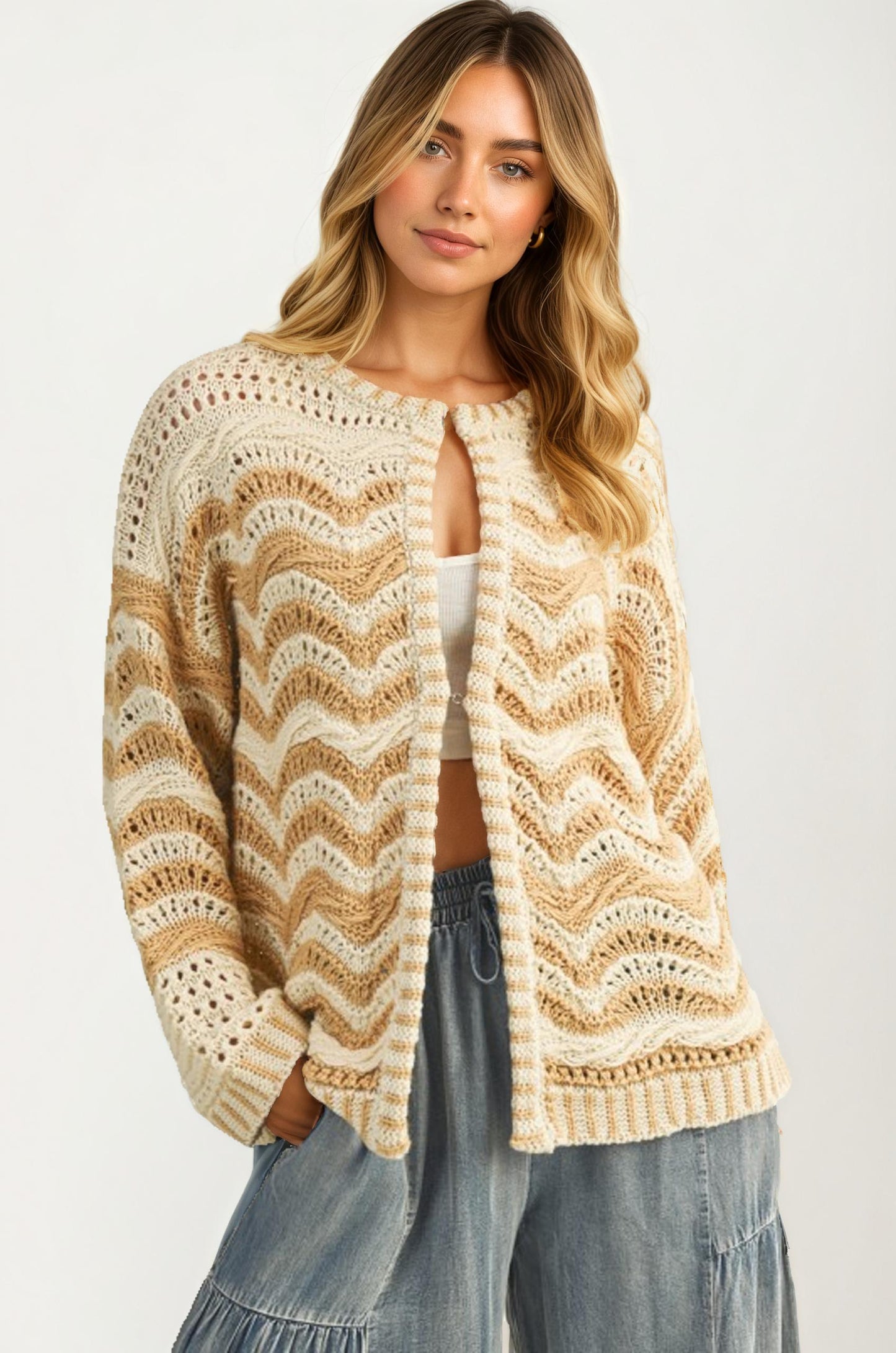 Textured Open Knit Cardigan With Pockets In Neutral Tones