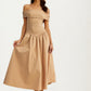 Off Shoulder Draped Midi Dress In Neutral Tan