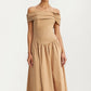 Off Shoulder Draped Midi Dress In Neutral Tan