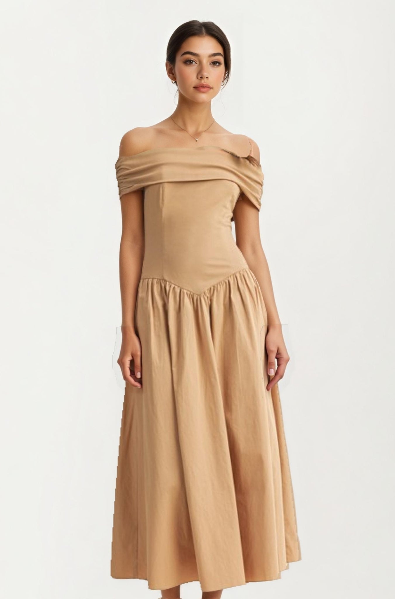 Off Shoulder Draped Midi Dress In Neutral Tan