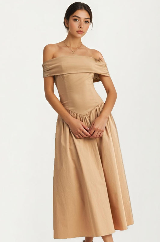 Off Shoulder Draped Midi Dress In Neutral Tan