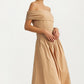 Off Shoulder Draped Midi Dress In Neutral Tan