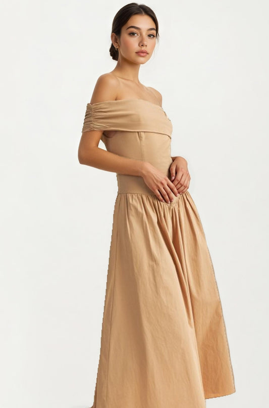 Off Shoulder Draped Midi Dress In Neutral Tan
