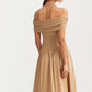 Off Shoulder Draped Midi Dress In Neutral Tan