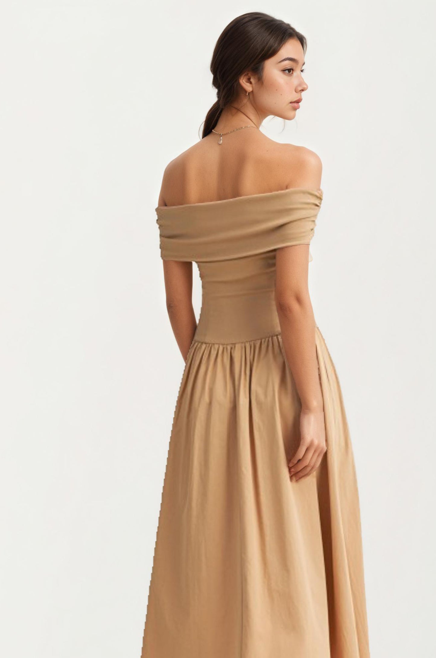 Off Shoulder Draped Midi Dress In Neutral Tan
