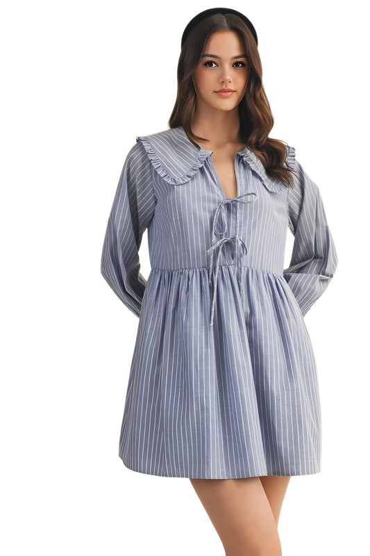 Striped Mini Dress With Ruffle Collar And Front Tie Detail