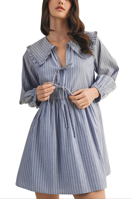 Striped Mini Dress With Ruffle Collar And Front Tie Detail
