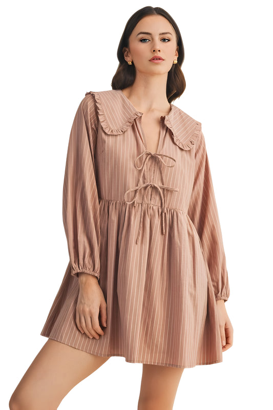 Striped Mini Dress With Ruffle Collar And Tie Front Design