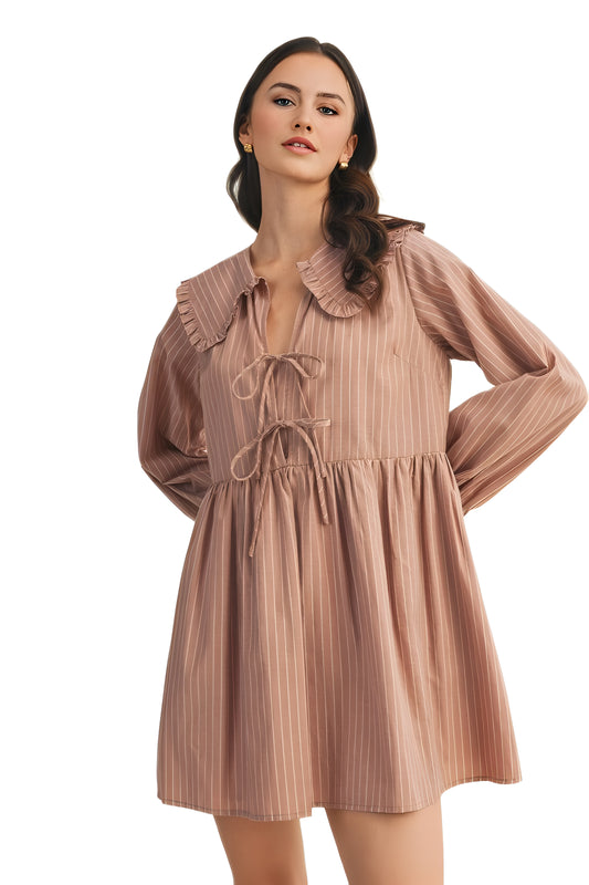 Striped Mini Dress With Ruffle Collar And Tie Front Design